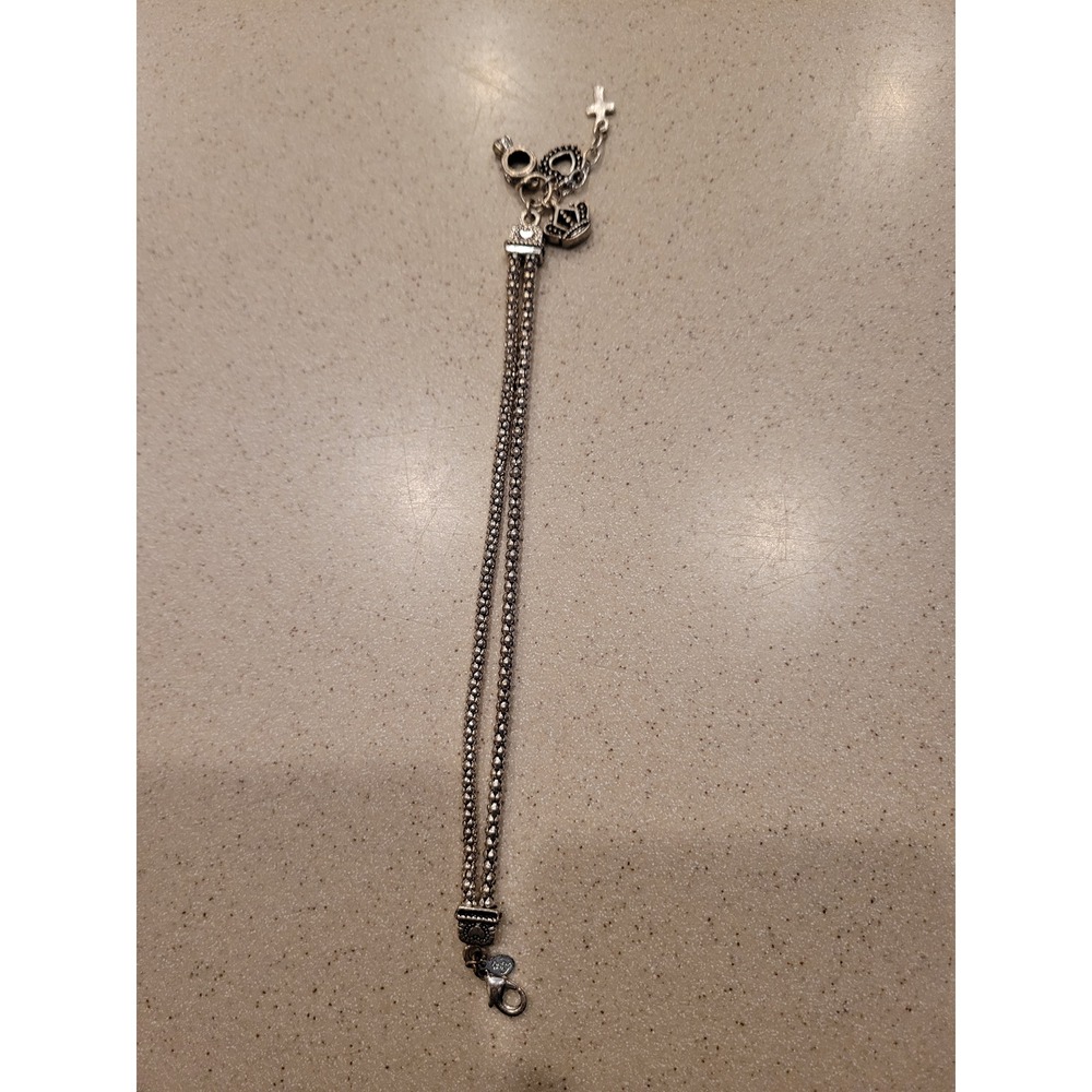 Brighton Silver Tone Double Strand Popcorn Chain Bracelet Crown Heart‎ Cross